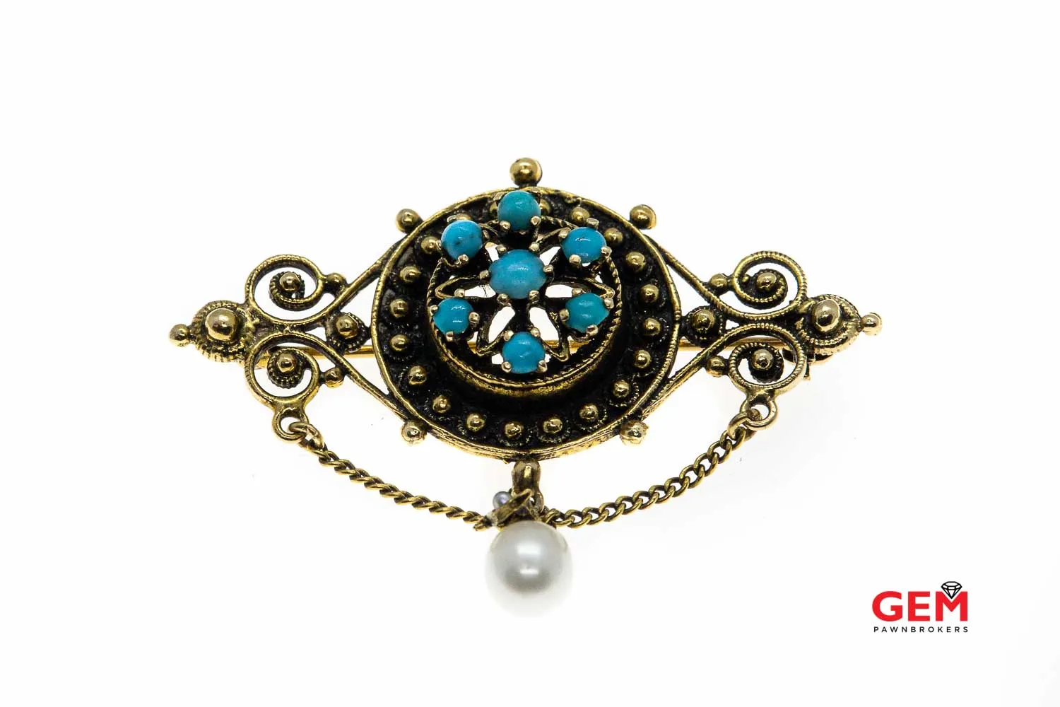 14 KT Yellow Gold Turquoise Pearl Lapel Pin Brooch