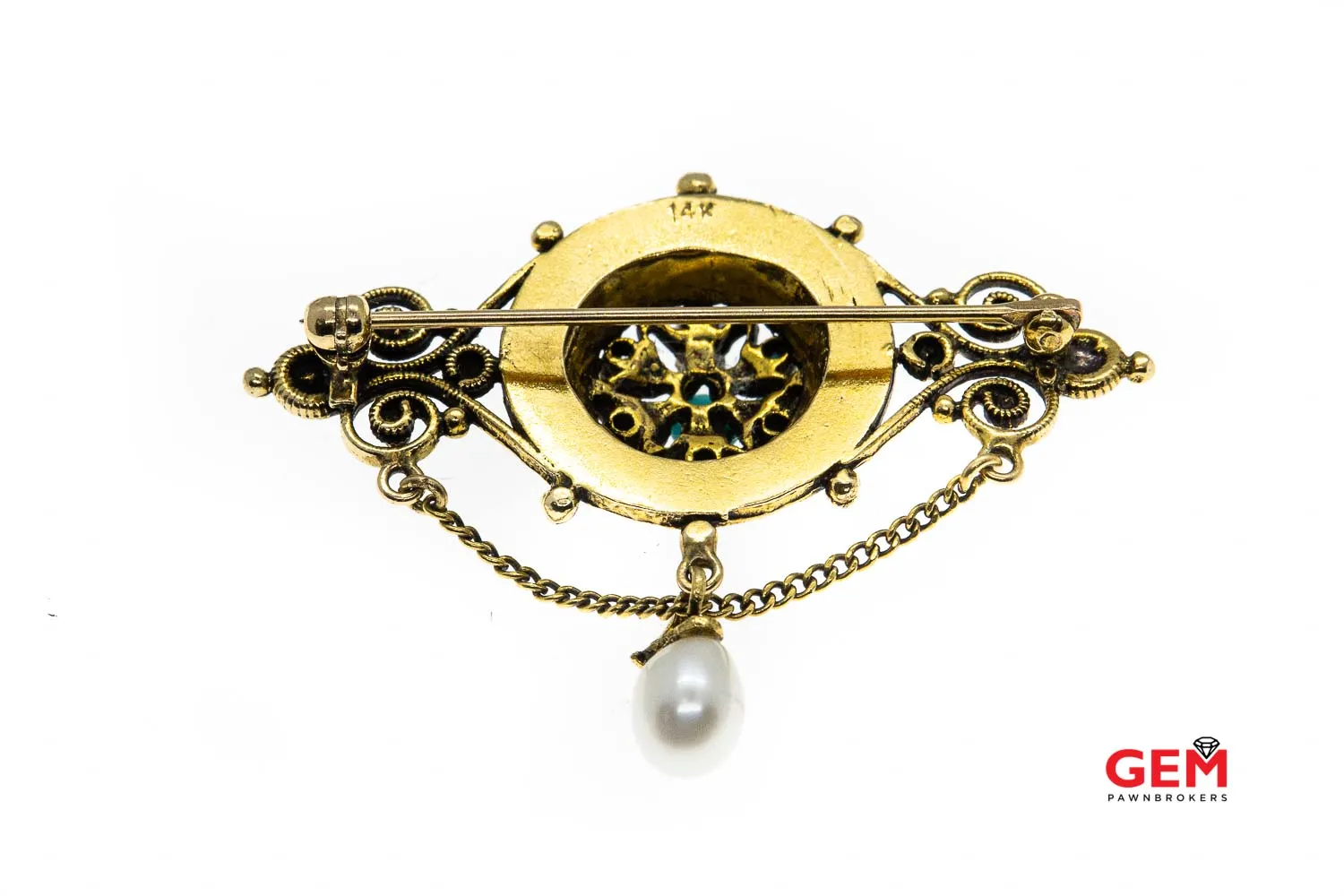 14 KT Yellow Gold Turquoise Pearl Lapel Pin Brooch