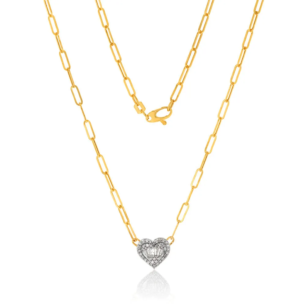 14ct Yellow and White Gold 1/2 Carat Diamond Heart Pendant On 41cm Chain