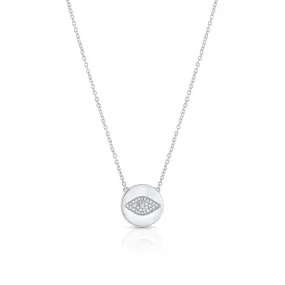 18K White Gold Pave Evil Eye Disk Pendant Necklace