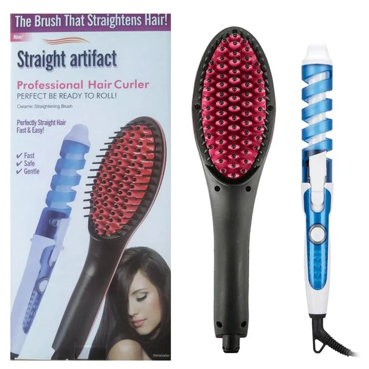 2 in 1 Hair Straightening Brush Ceramic and Hair Curler