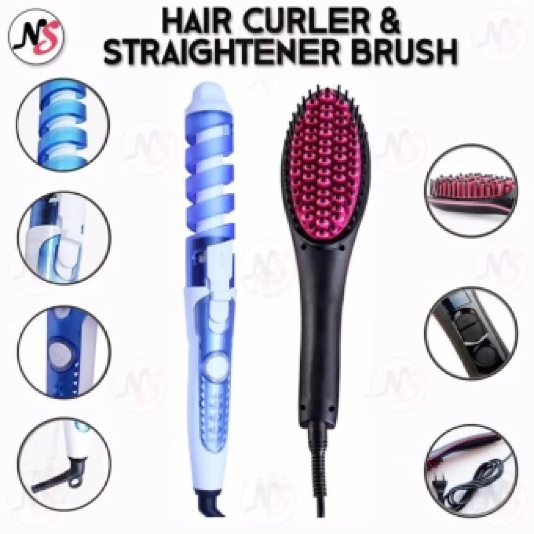 2 in 1 Hair Straightening Brush Ceramic and Hair Curler