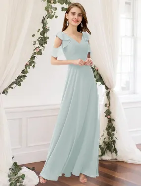 A-Line Bridesmaid Dress V Neck Sleeveless Elegant Floor Length Chiffon with Pleats  Ruffles