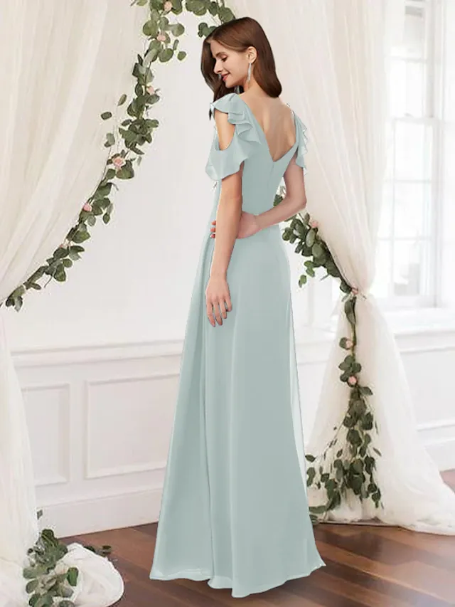 A-Line Bridesmaid Dress V Neck Sleeveless Elegant Floor Length Chiffon with Pleats  Ruffles