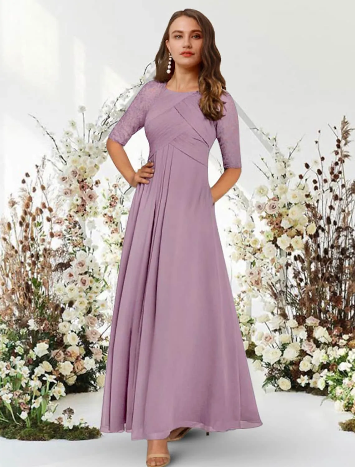 A-Line Evening Gown Elegant Dress Wedding Guest Floor Length Half Sleeve Jewel Neck Chiffon with Pleats Ruched