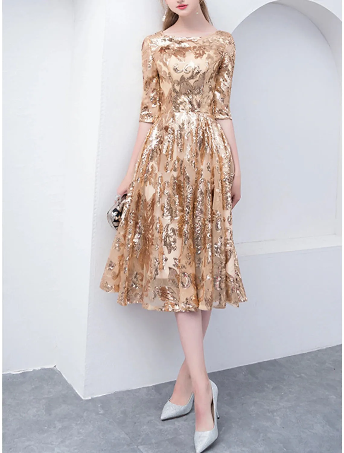 A-Line Mother of the Bride Dress Elegant Sparkle & Shine Jewel Neck Tea Length Tulle Half Sleeve with Sequin