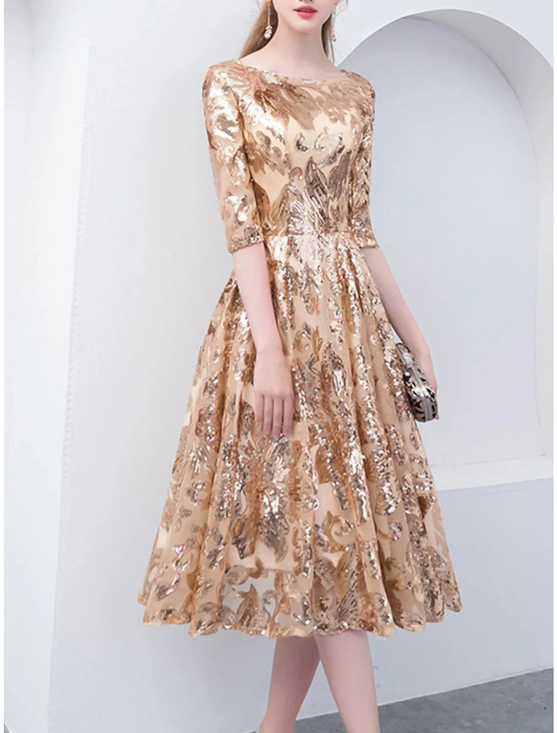 A-Line Mother of the Bride Dress Elegant Sparkle & Shine Jewel Neck Tea Length Tulle Half Sleeve with Sequin