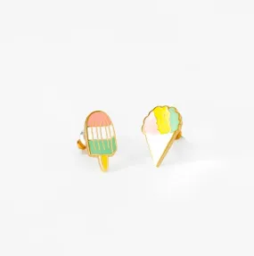 Asymmetrical Cloisonné Stud Earrings - Sno Cone & Popsicle