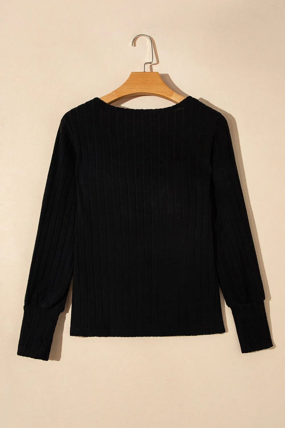 Black Ribbed Bishop Sleeve Round Neck Top