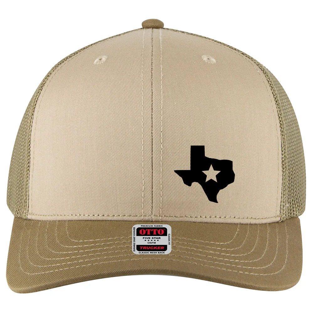 Black Texas Map Star 6 Panel Mid Profile Mesh Back Trucker Hat - For Men and Women