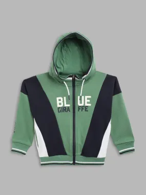 Blue Giraffe Boys Green Color-Blocked Hooded Full Sleeves Zip Through Hoodie