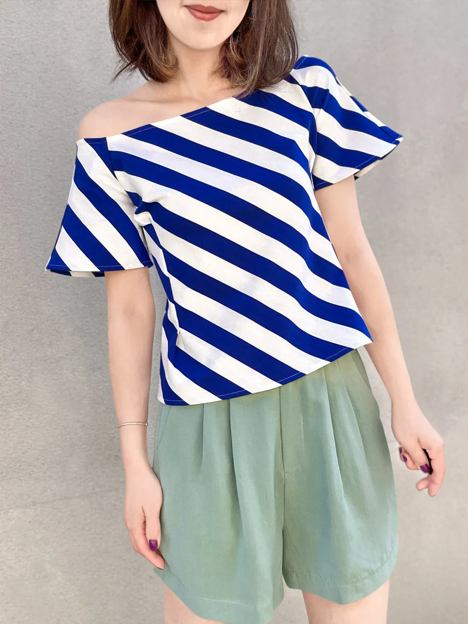 Blue Striped Side Zip Off-the-Shoulder Darted Top