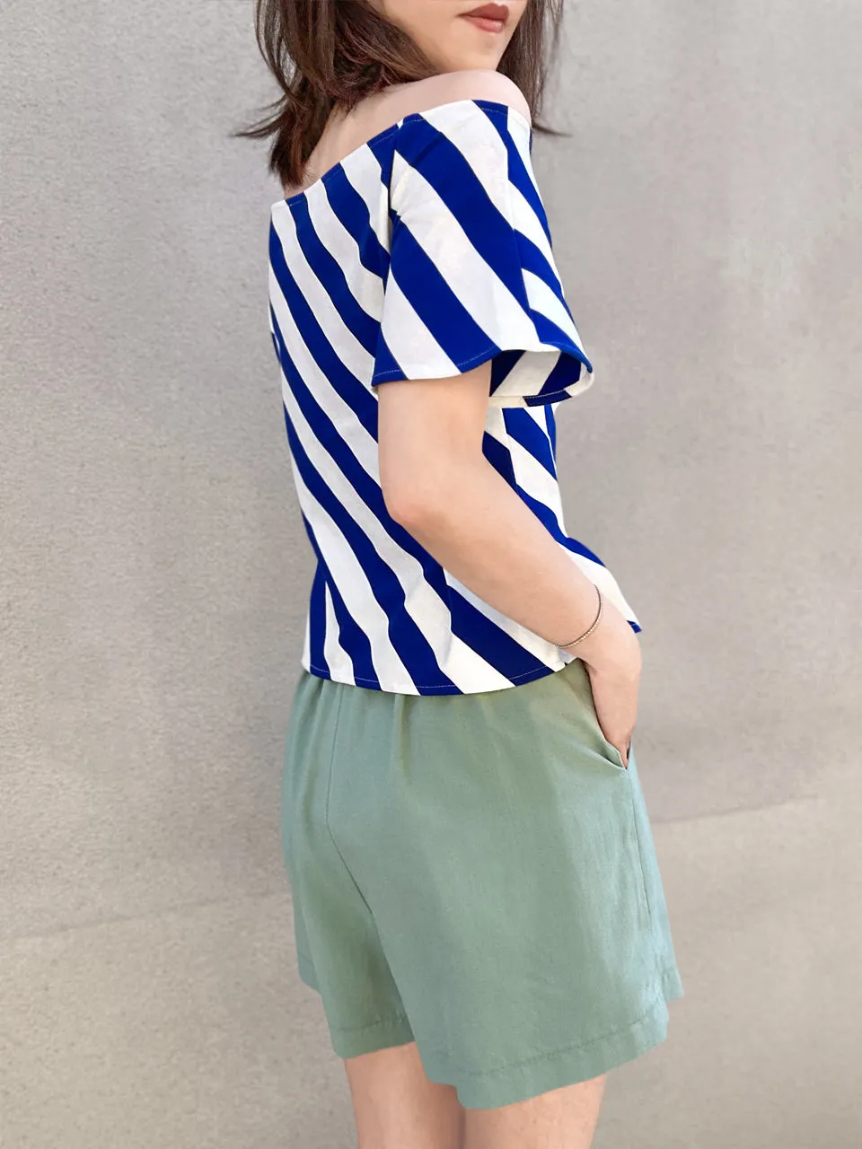 Blue Striped Side Zip Off-the-Shoulder Darted Top