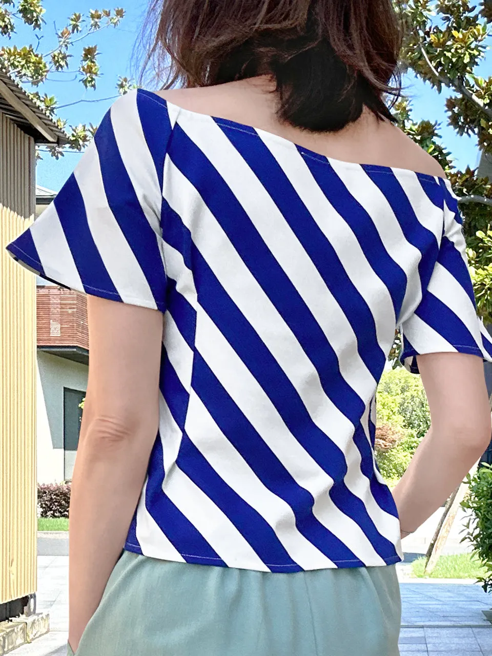 Blue Striped Side Zip Off-the-Shoulder Darted Top