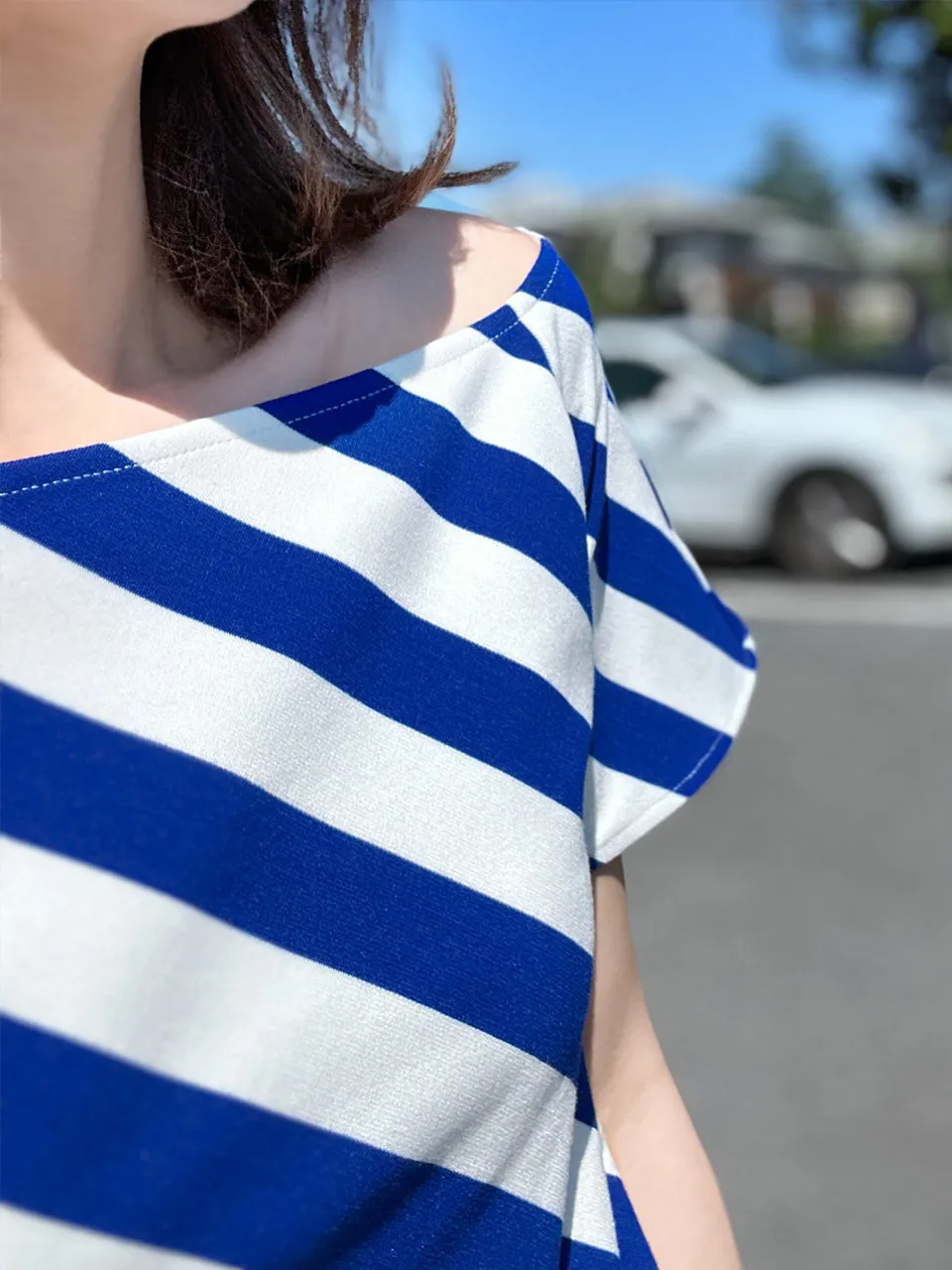 Blue Striped Side Zip Off-the-Shoulder Darted Top