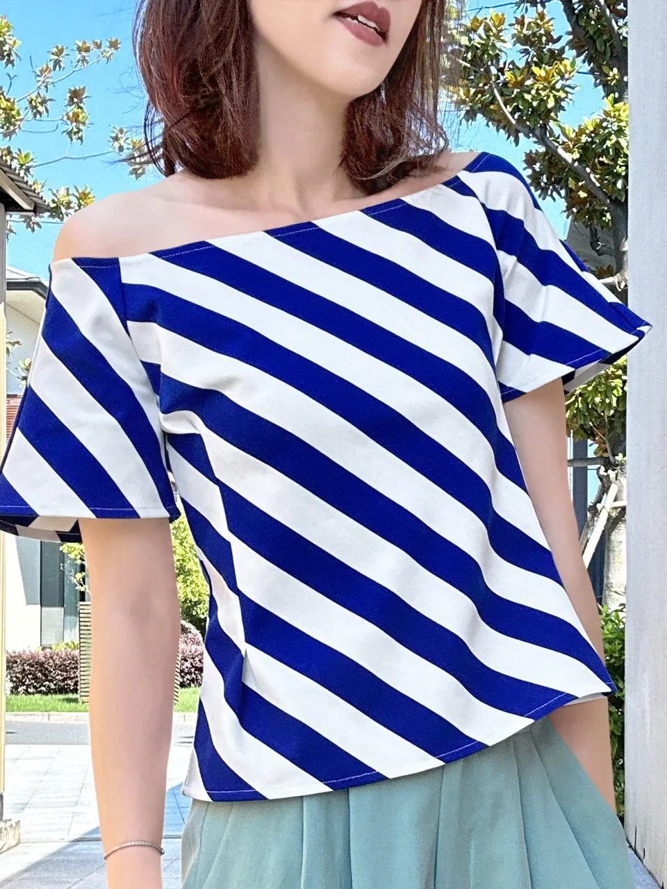 Blue Striped Side Zip Off-the-Shoulder Darted Top