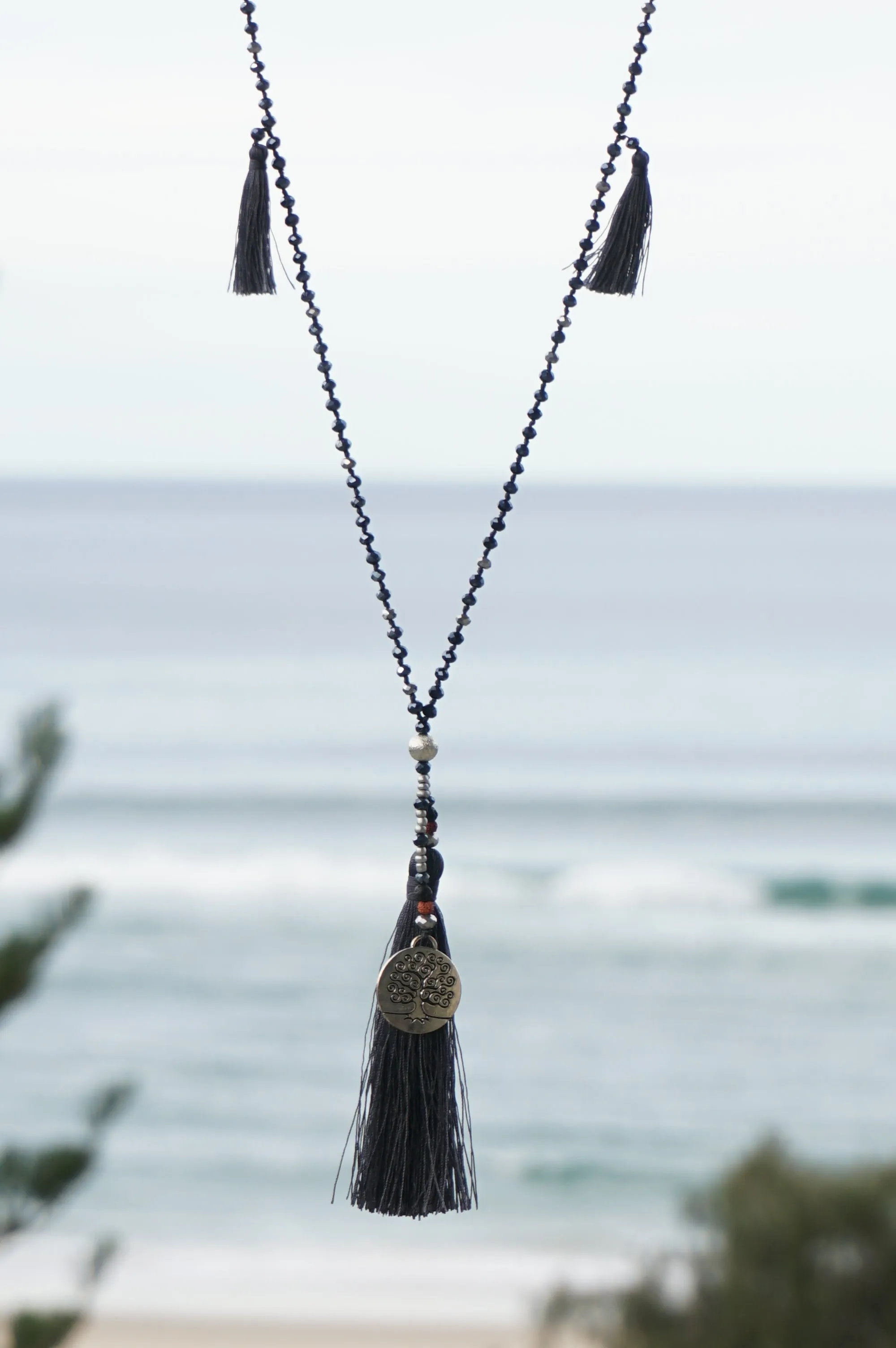 Dark Grey Tree of Life Silver Coin and Tassel  Necklace