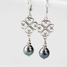 Elegant Four Leaf Clover Earrings with Black Pearl Drop