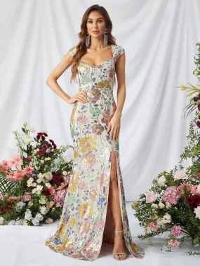 Elegant Sweetheart Neck Floral Sequins Slit Prom Dress