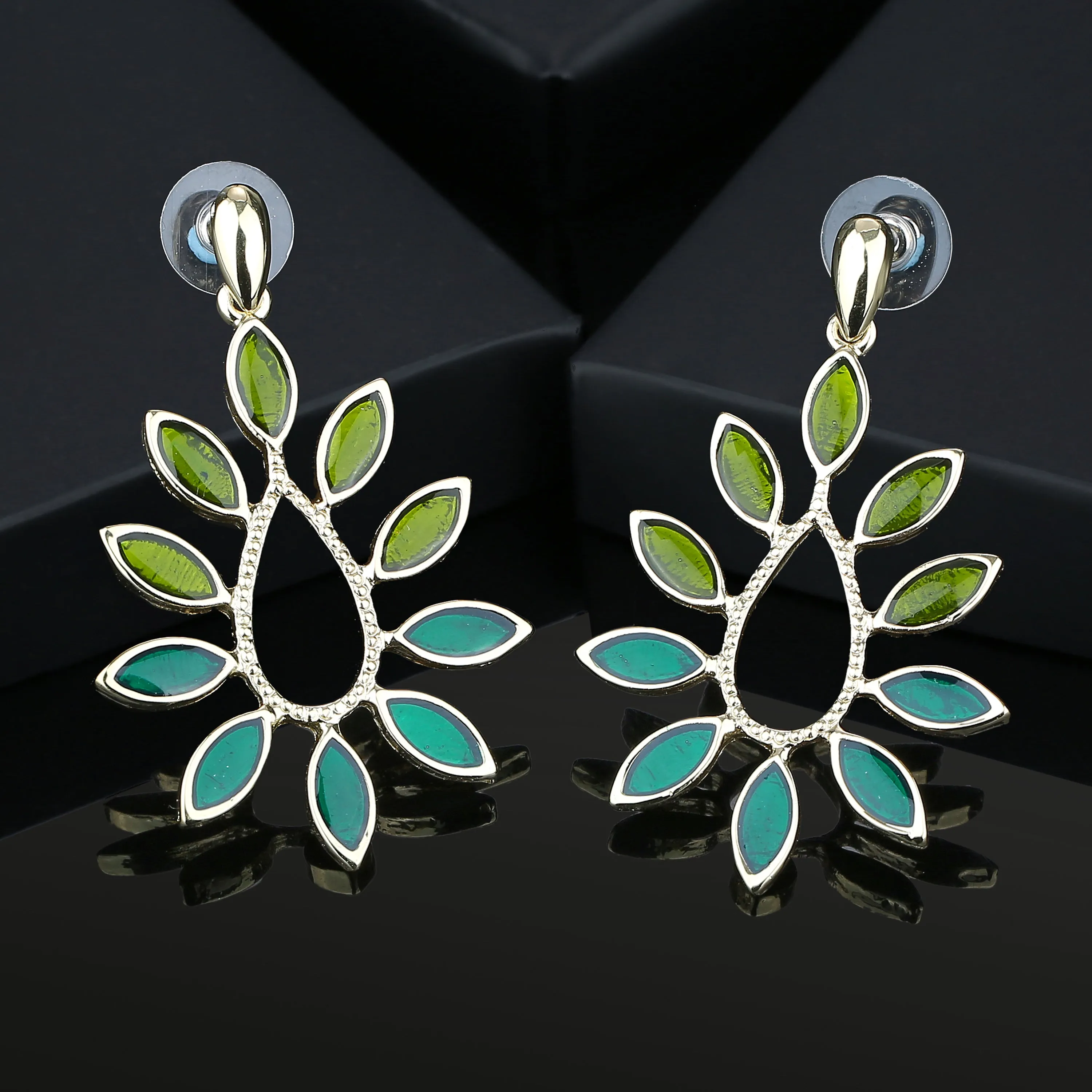 Estele Gold Plated Dangling Leaf Designer Earrings with Green Enamel for Women