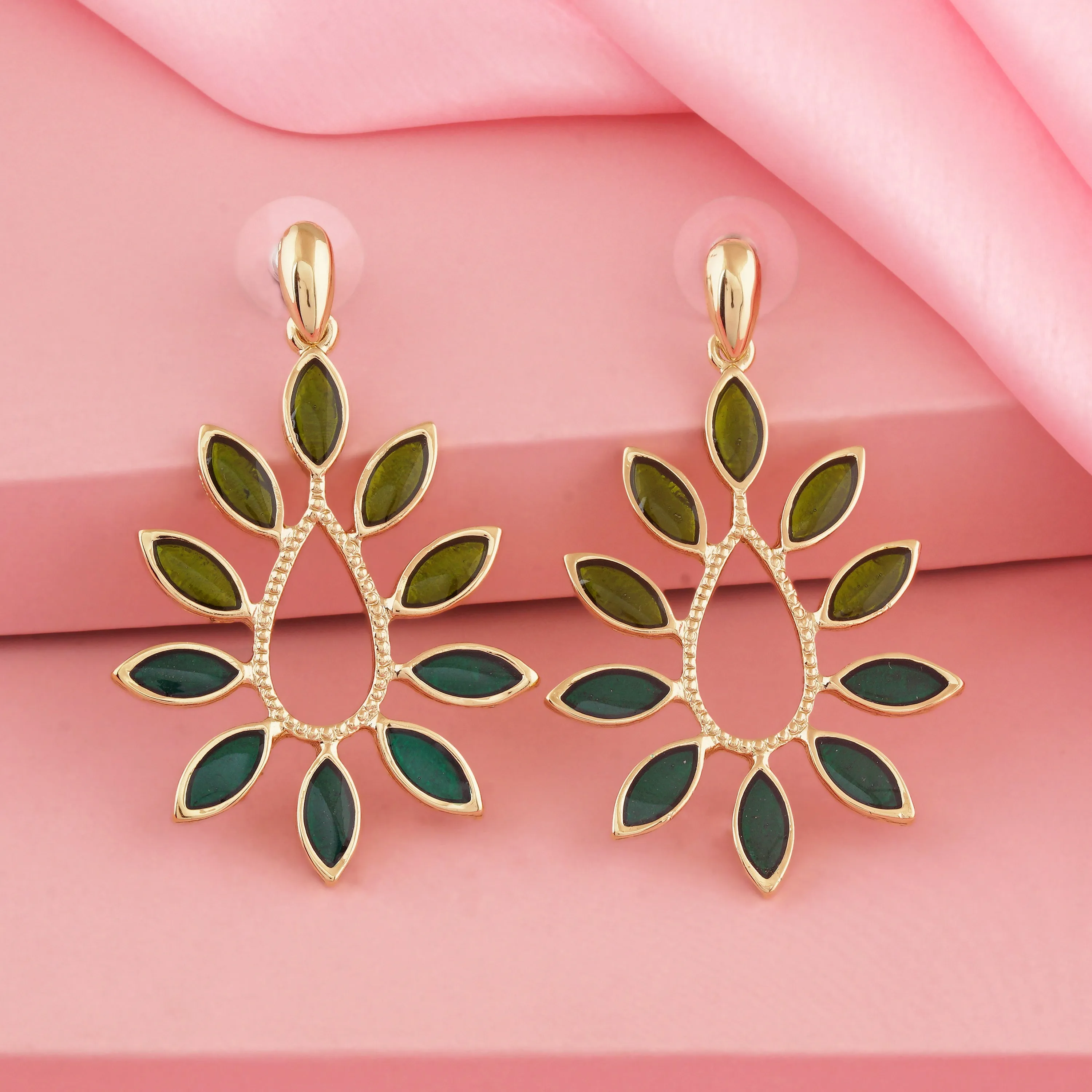 Estele Gold Plated Dangling Leaf Designer Earrings with Green Enamel for Women