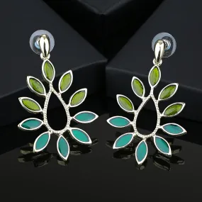 Estele Gold Plated Dangling Leaf Designer Earrings with Green Enamel for Women