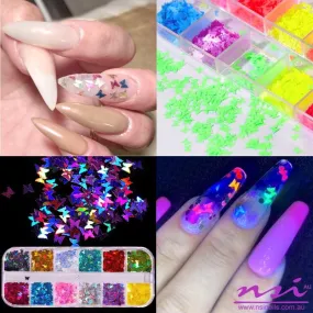 Fluorescent Butterfly 3D Nail Art Decoration Tray 12 Colours