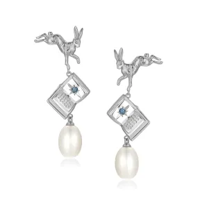 Freshwater Baroque Pearl Silver Leaping Rabbit & Story Book Earrings