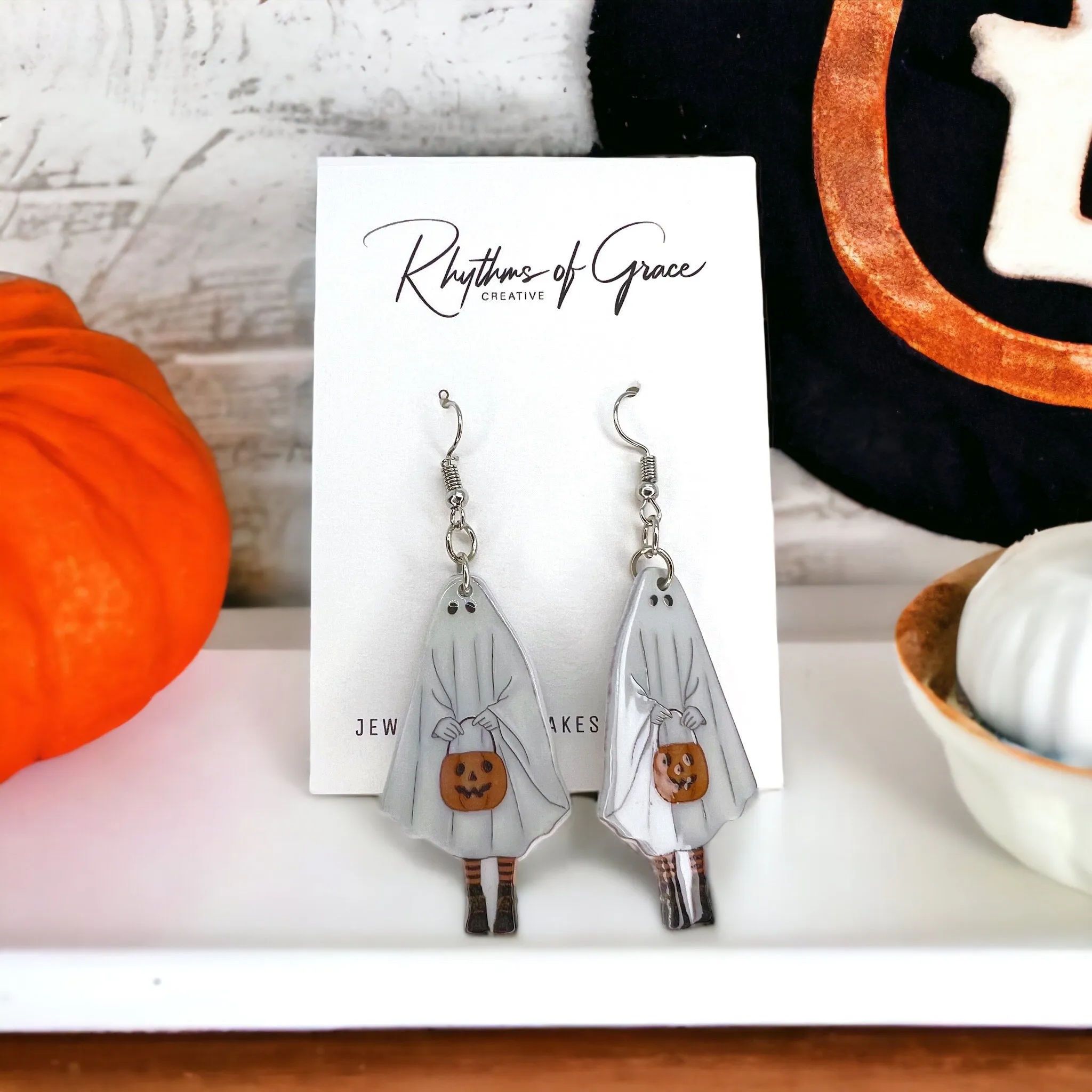 Ghost Earrings - Halloween Earrings, Lollipop Earrings, Ghost Costume, Halloween Accessories, Retro Custom, Costume Jewelry, Handmade Earrings