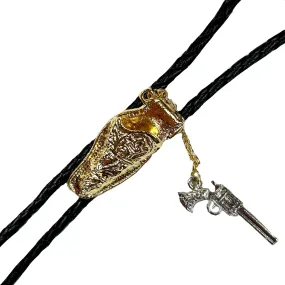 Gold Six-Shooter Pistol with Holster Western Bolo Tie