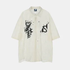 Beige Polo T-Shirt with Graffiti Rose Design