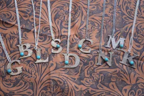 Hand Engraved Big Initial Necklaces with Real Turquoise