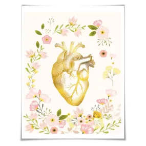 Human Heart Gold Foil Art Print. 3 Sizes. Anatomy Wall Art. Doctor Medical Science Poster Pink Floral Room Decor