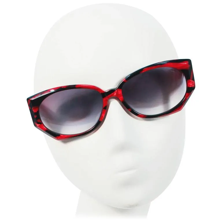 KRIZIA Vintage Black and Red Marbled Sunglasses Wide Frame Italy