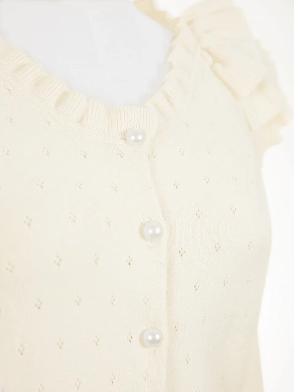 Last Chance! Ivory Tiered Ruffle Shoulder Pointelle Cardigan