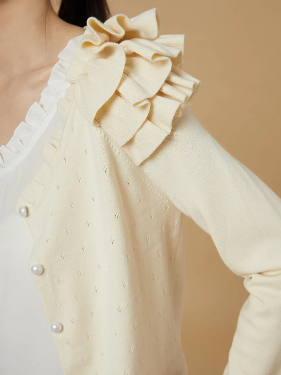 Last Chance! Ivory Tiered Ruffle Shoulder Pointelle Cardigan