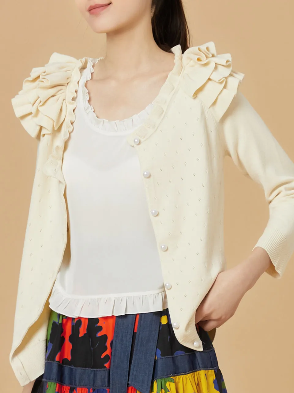 Last Chance! Ivory Tiered Ruffle Shoulder Pointelle Cardigan