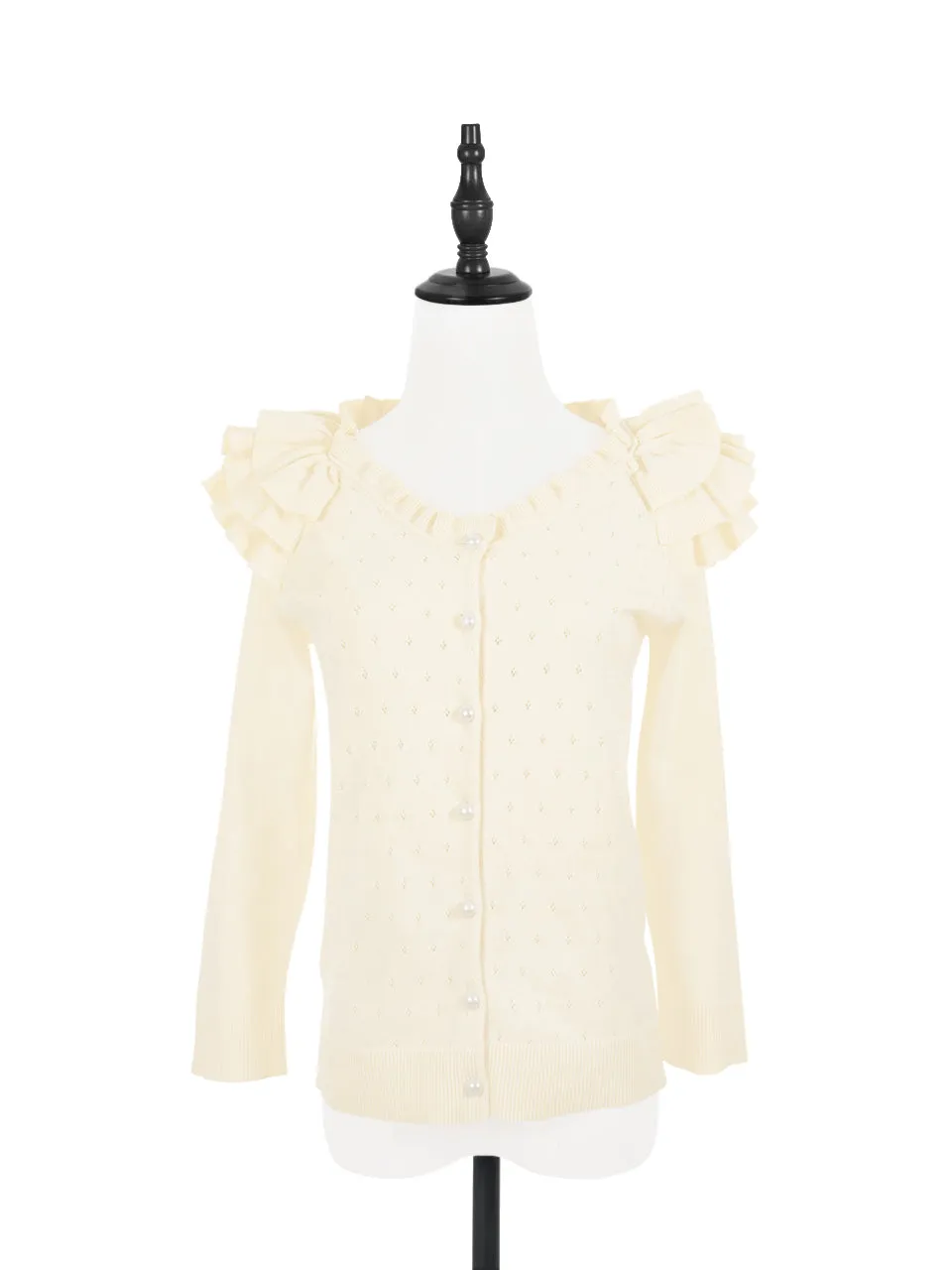 Last Chance! Ivory Tiered Ruffle Shoulder Pointelle Cardigan