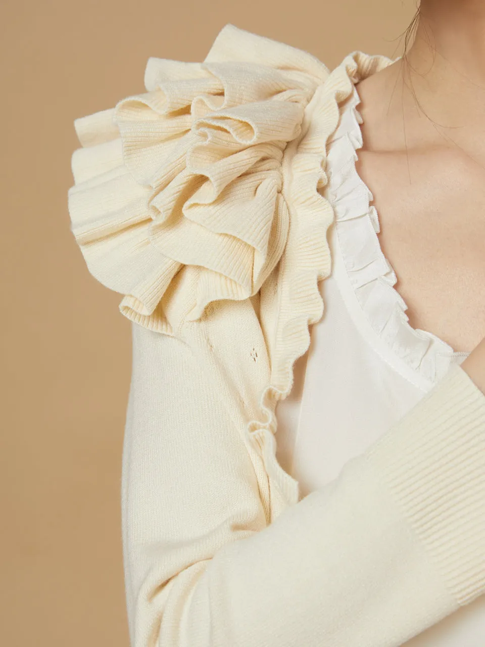 Last Chance! Ivory Tiered Ruffle Shoulder Pointelle Cardigan