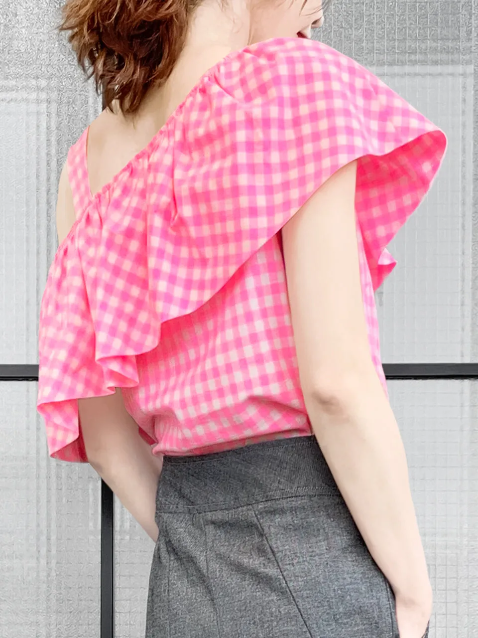 Last Chance! Pink Check Asymmetrical Stripe One-Shoulder Ruffled 2-way Top