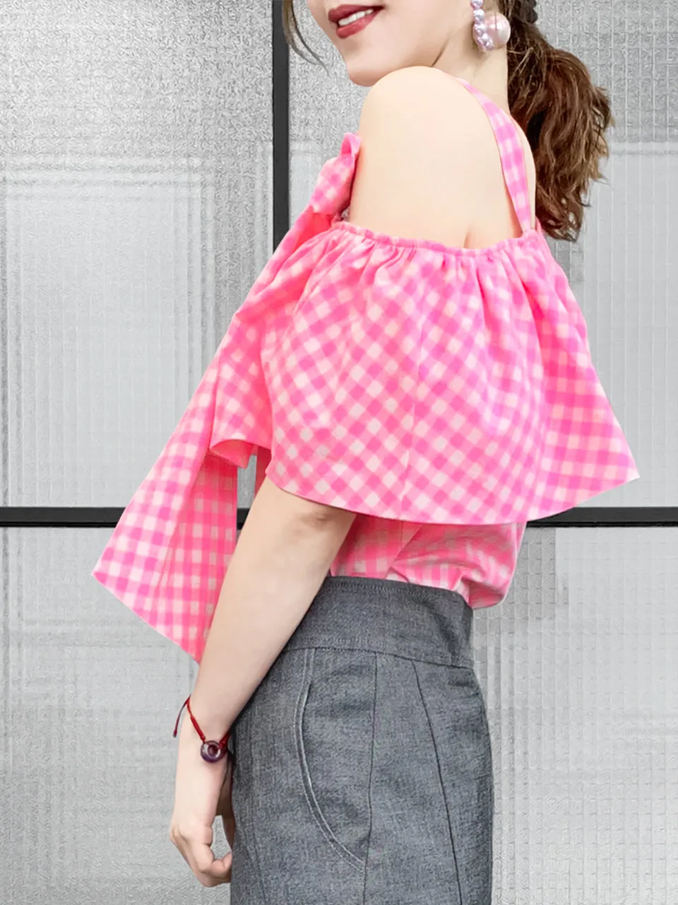 Last Chance! Pink Check Asymmetrical Stripe One-Shoulder Ruffled 2-way Top