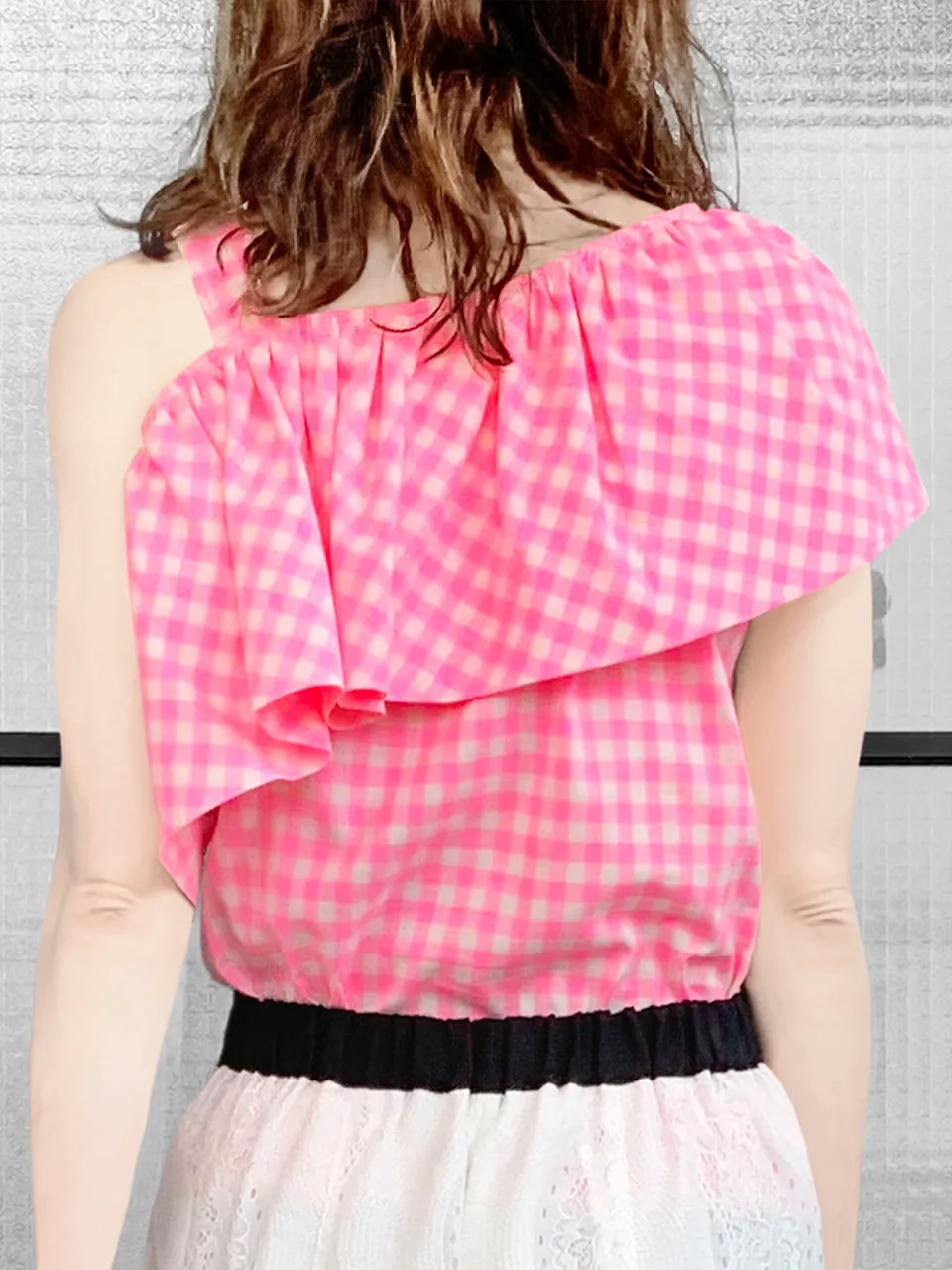 Last Chance! Pink Check Asymmetrical Stripe One-Shoulder Ruffled 2-way Top