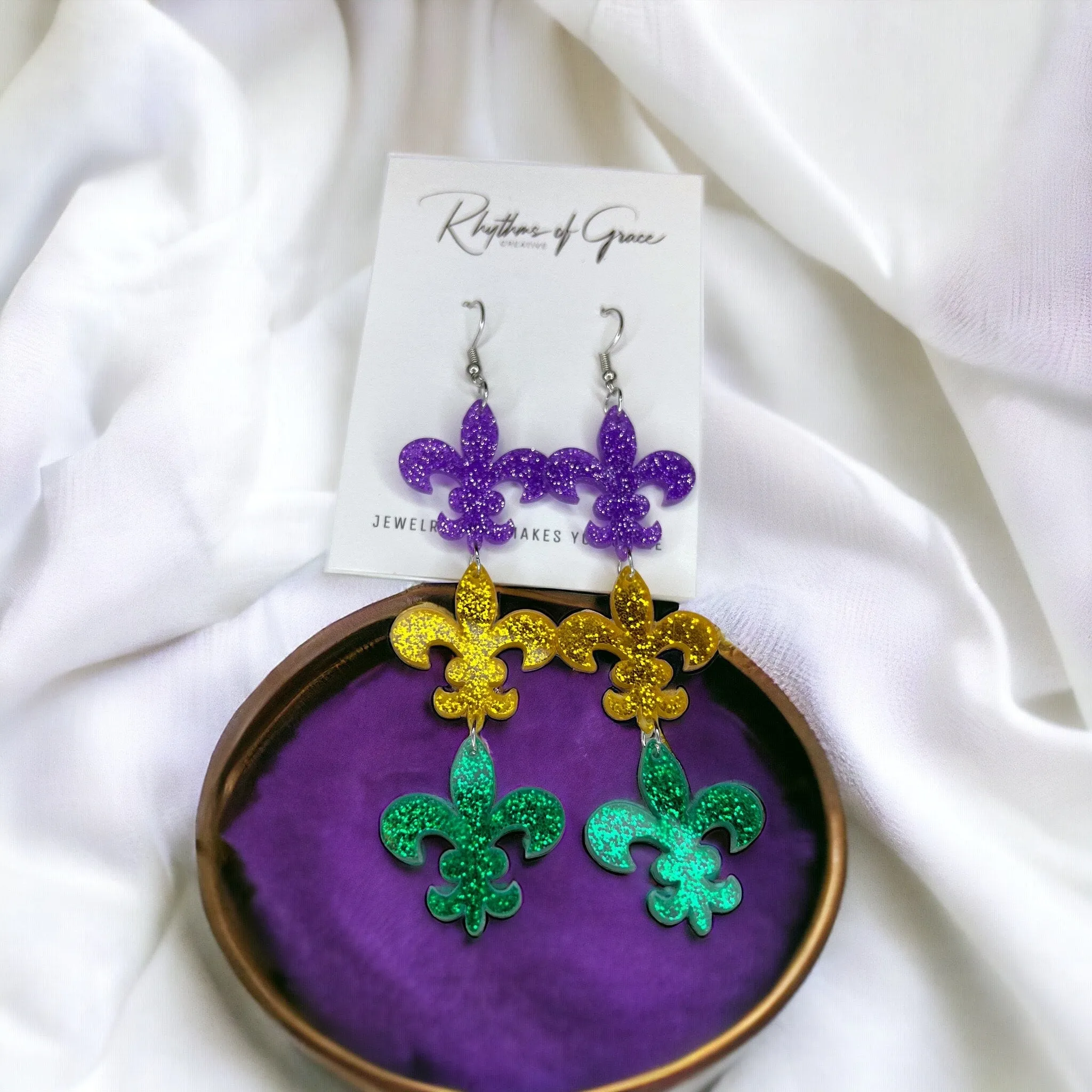 Mardi Gras Earrings - Fleur de lis, Handmade Earrings, New Orleans, Purple Green Gold, Mardi Gras Jewelry, Parade Outfit, Dangle, NOLA