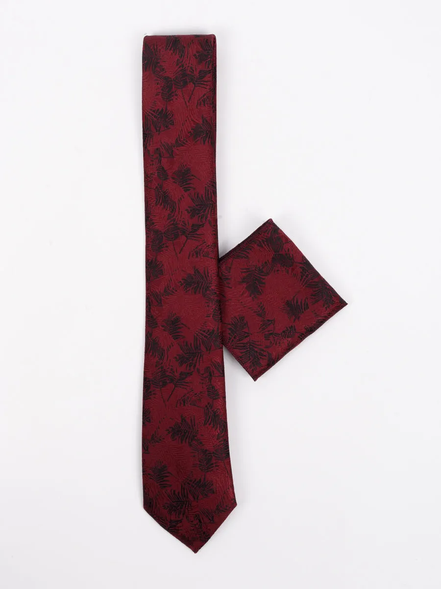 Peiro Butti Tie with Pocket Square Maroon with Leaf pattern PBTPS004