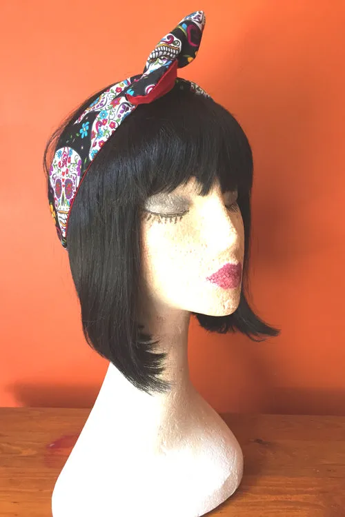 Reversible Wired Headband in Black Sugar Skull Print & Red