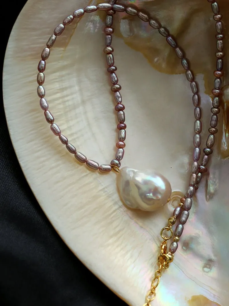 Rice Pearl and Purple Baroque Pearl Pendant Necklace