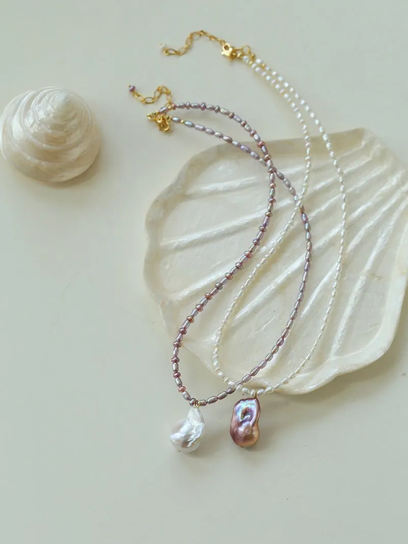 Rice Pearl and Purple Baroque Pearl Pendant Necklace