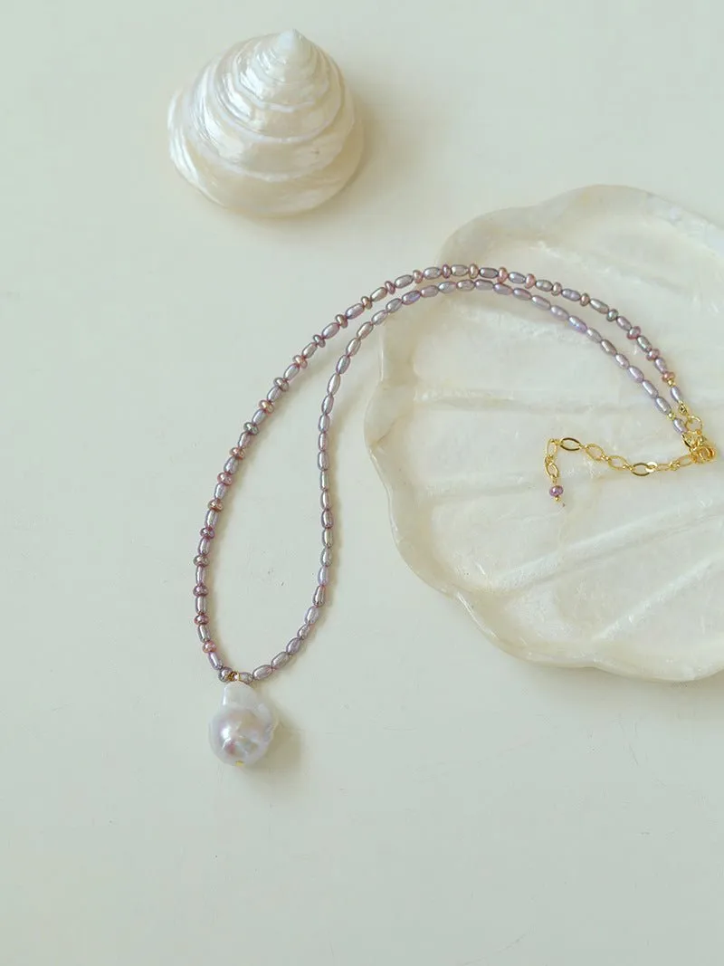 Rice Pearl and Purple Baroque Pearl Pendant Necklace