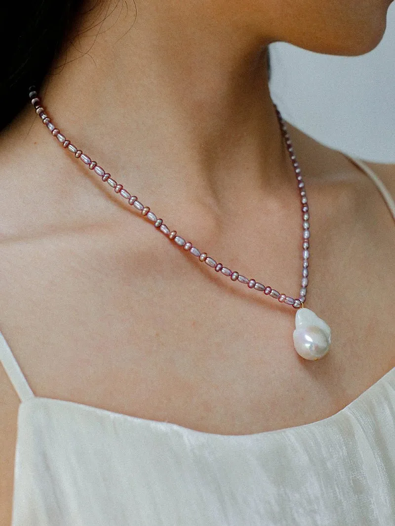 Rice Pearl and Purple Baroque Pearl Pendant Necklace