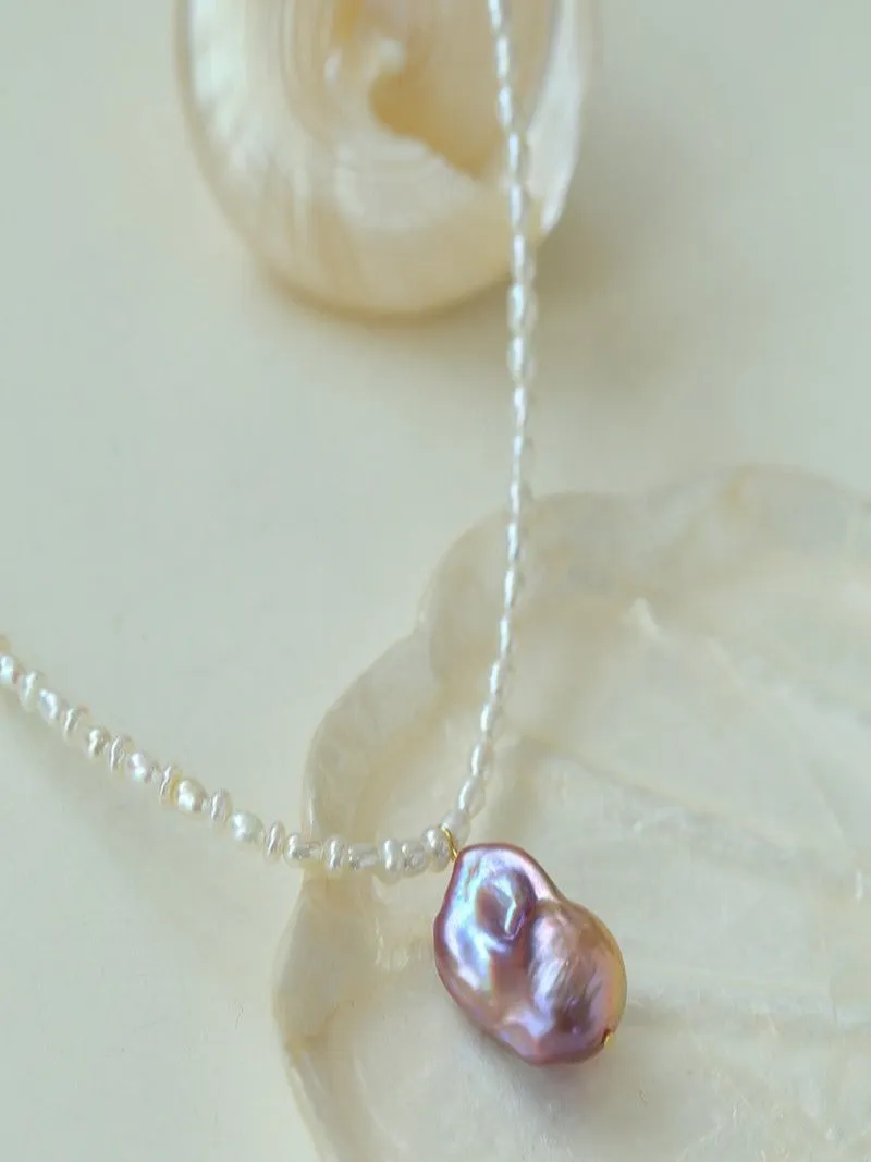 Rice Pearl and Purple Baroque Pearl Pendant Necklace